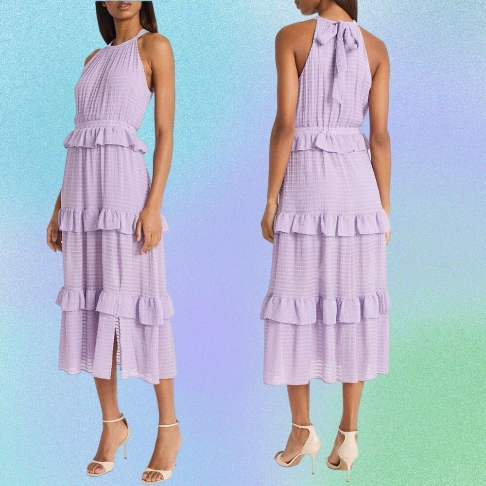 NWT Donna Morgan Lilac halter neck ruffled tiered midi dress. Size 4